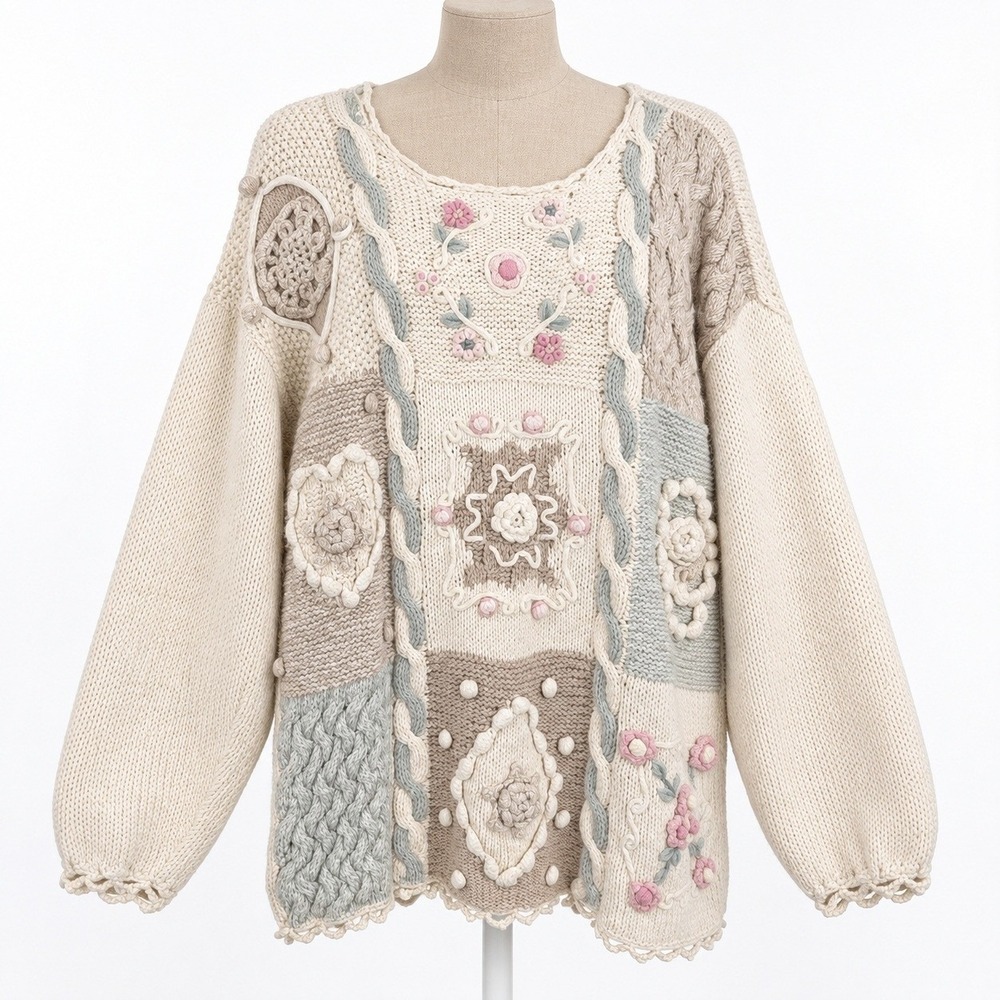 Vintage 90s Hand Knit Floral Patchwork Sweater Size L 3D Embroidered Cottagecore